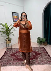Innovative Brown Color Shining Silk Salwar Suit With Blouse